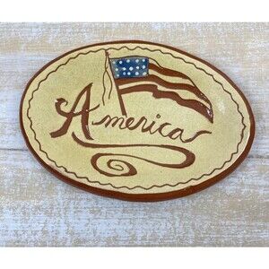 Vintage Red Oak Pottery Easton IL "America" US Flag Patriotic Spoon Rest Plate